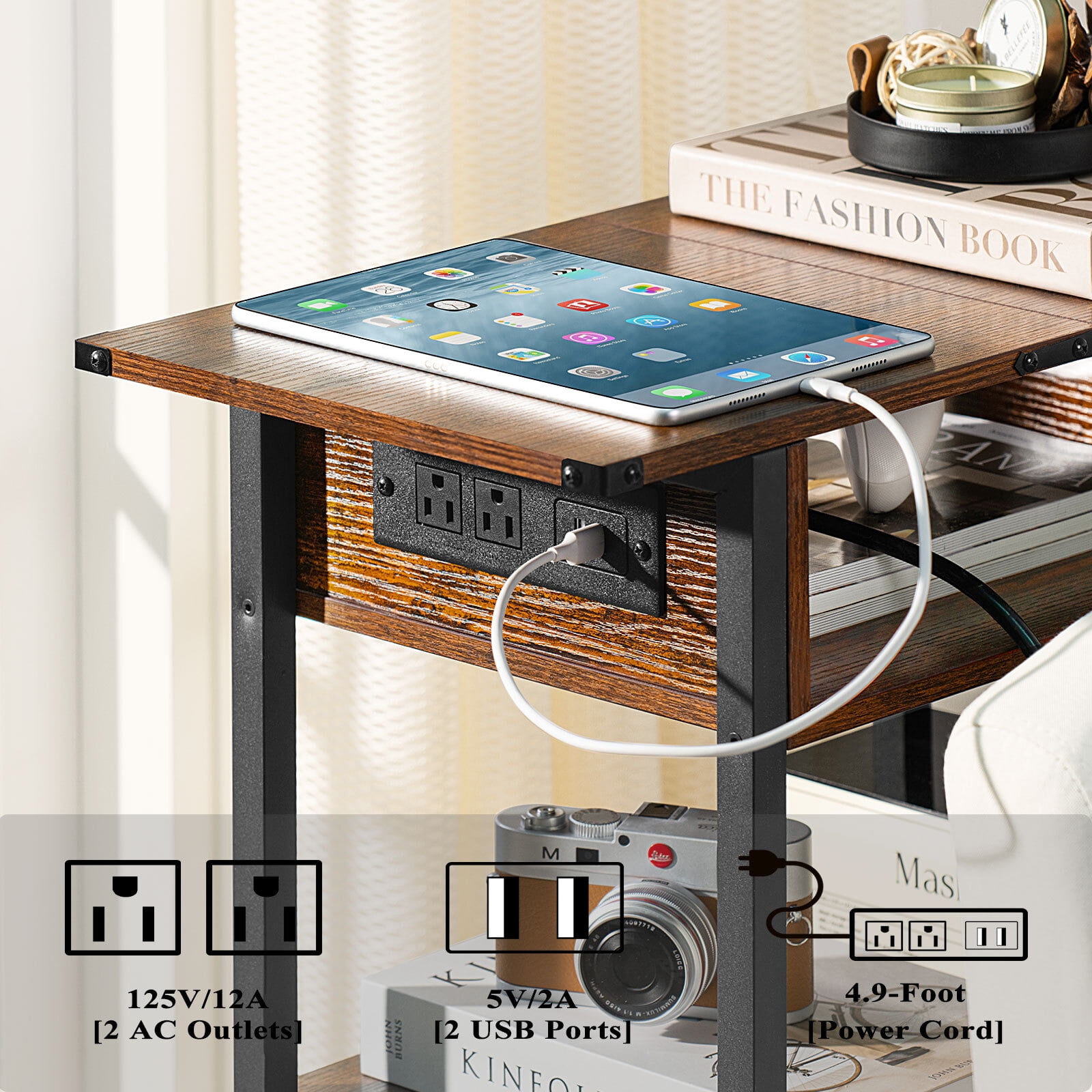 Narrow End Table with Charging Connection, 3 Tier Slim Side Table with Storage Shelf for Small Spaces, Maple End Tables Small Nightstand Magazine Rack for Bedoom