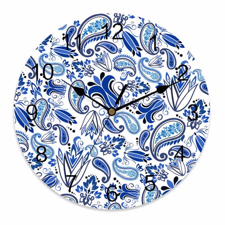 Silent Wall Clocks Battery Operated, Blue Paisley Boho Round Decorative Wall Clock for Living Room Bedroom Kitchen Bathroom Classroom Decor, 10 Inch Abstract Retro Floral