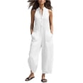 thumbnail image 3 of VV AVEORS Wide Leg Jumpsuits For Women Sleeveless Half Button Up Stand Collared Linen Jumpsuits Loose Casual Long Overall With Pockets White M, 3 of 8