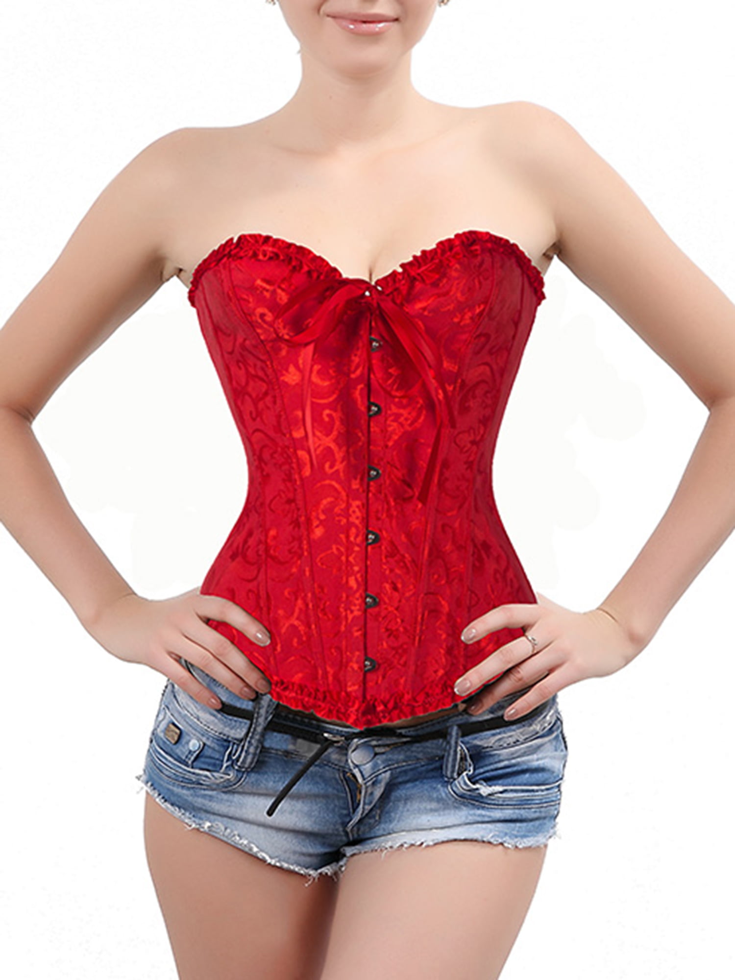 Womens Bustier Corset Top Gothic Lace Up Body Shaper Floral Overbust with Ruffled Sleeves Lace Bodysuits Lolita Style