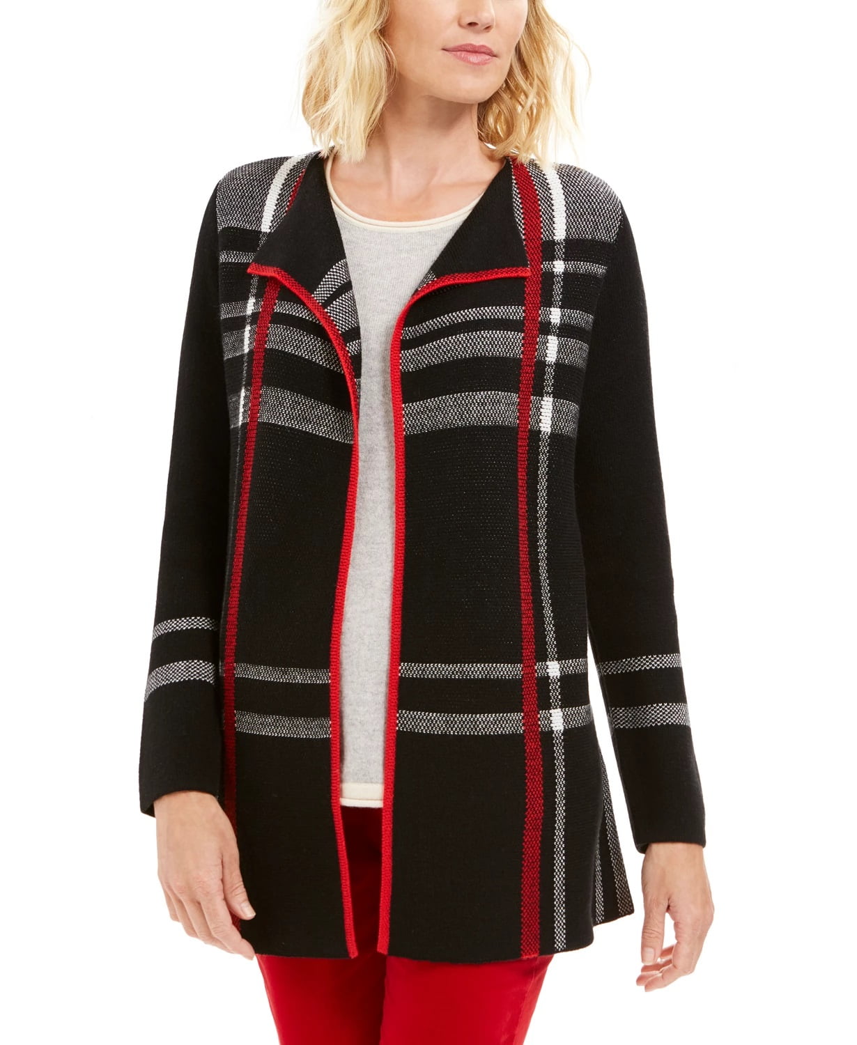 Plaid Open Front Cardigan Sweater Black 