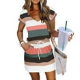 thumbnail image 2 of lcziwo Womens Summer Dress Lantern Sleeve V Neck Beach Dresses Casual Tie Waist Striped Mini Tshirt Dress with Pockets Pink L Vacation Sale, 2 of 6