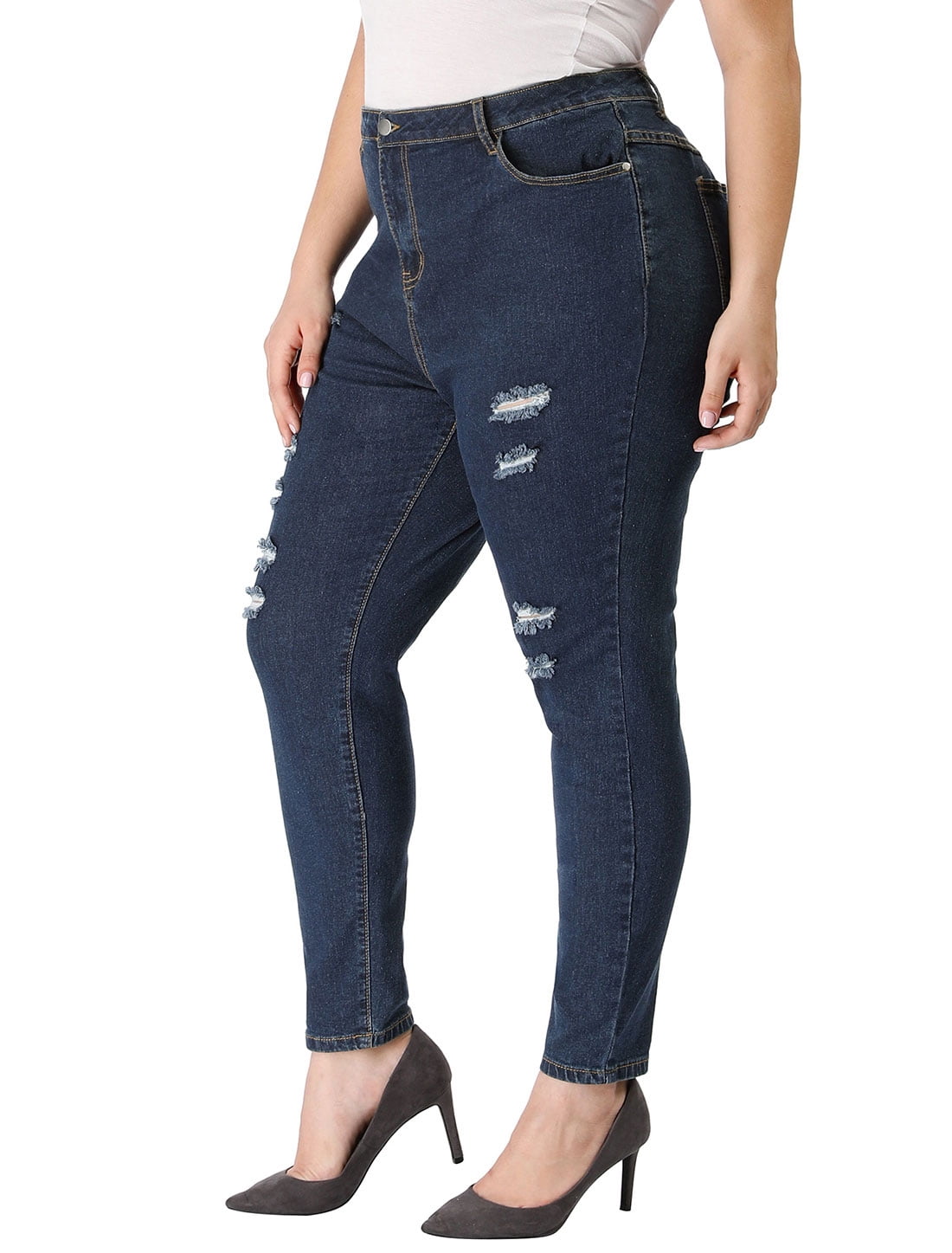 Unique Bargains Womens Plus Size Denim Zip Fly Mid Rise Skinny