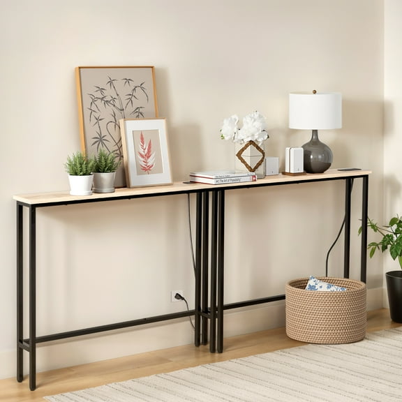 Ktaxon 79in Entryway Table with Charging Station, 2-Piece Oak & Metal Console Table Set, Narrow Sofa Side Table with 2 Outlets for Foyer, Living Room