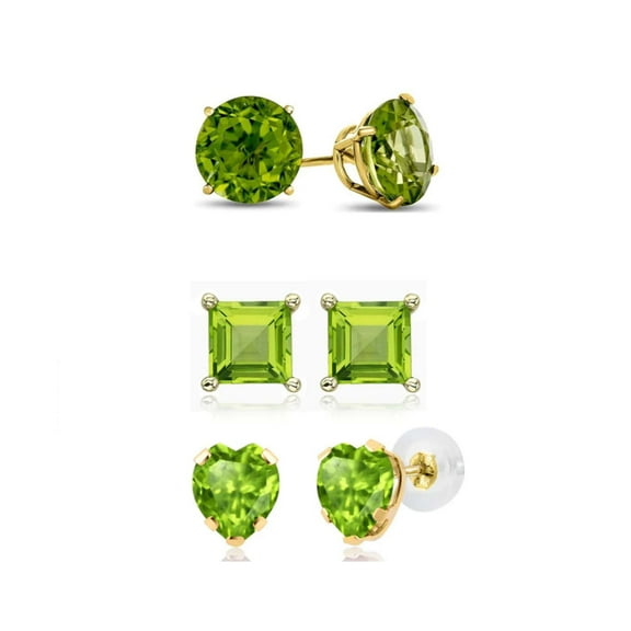 Paris Jewelry 18k Yellow Gold 4Cttw Created Peridot 3 Pair Round, Square And Heart Stud Earrings Plated