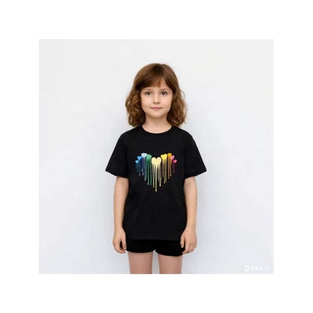Girls' Casual Cotton T-Shirt | Colorful Heart Print | Round Neck, Short Sleeve | Multi-Color Graphic Tee for Spring/Summer | Machine Washable | Ideal for Everyday & Outdoor Activities, Everyday Girls