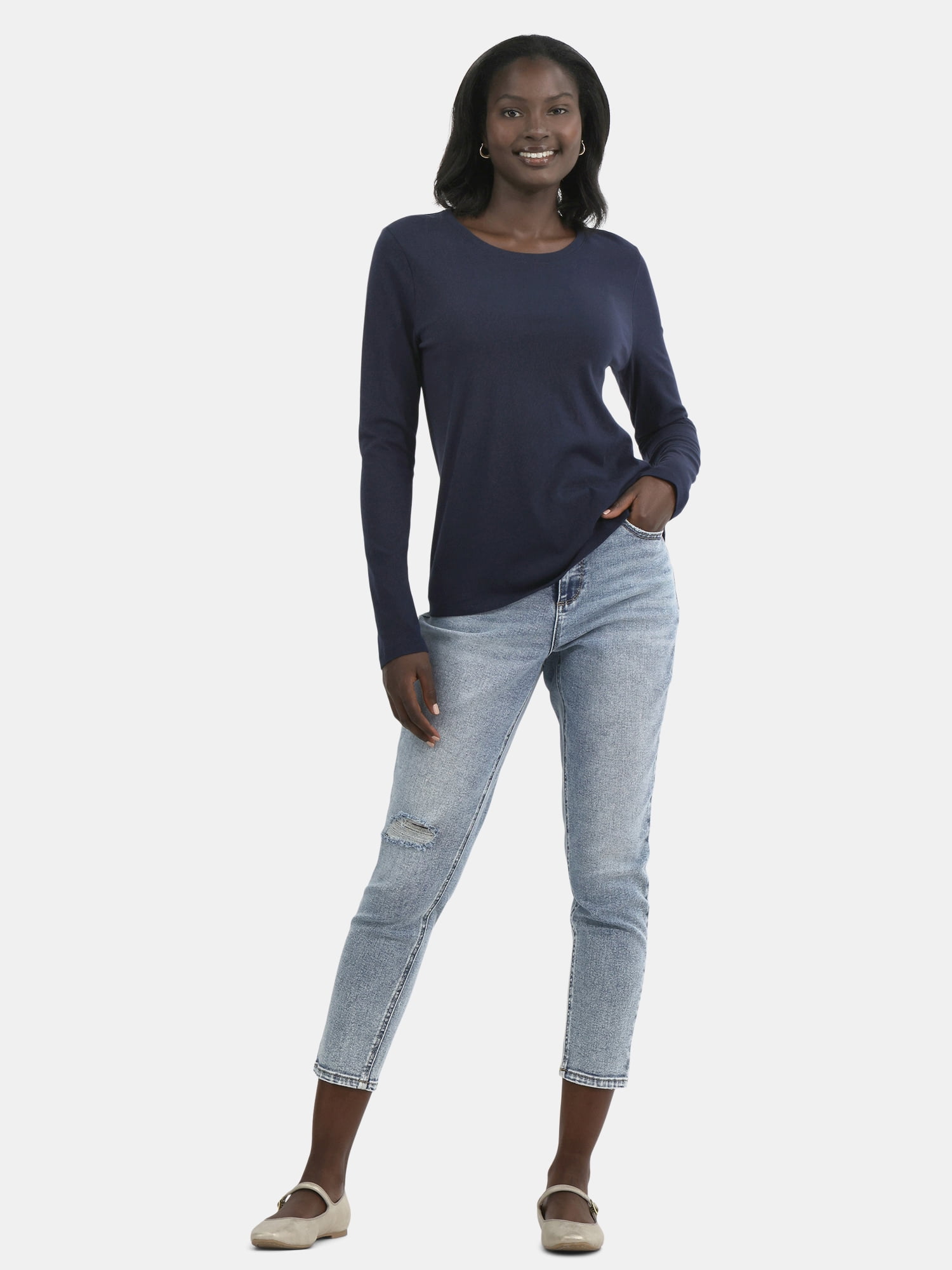 Time and Tru Women's Cotton Crewneck Tee with Long Sleeves, Sizes XS-XXXL