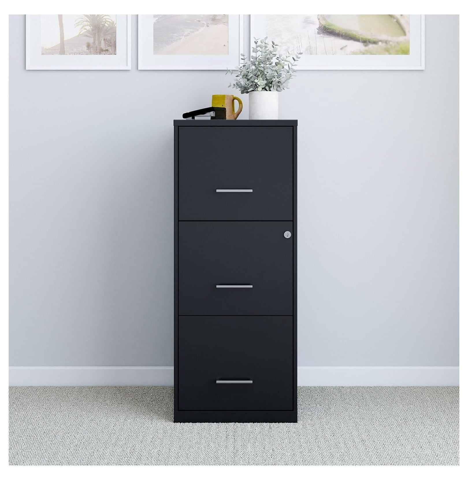 3-Drawer Filing Cabinet, Letter Size, Lockable - Black Office File Cabinet
