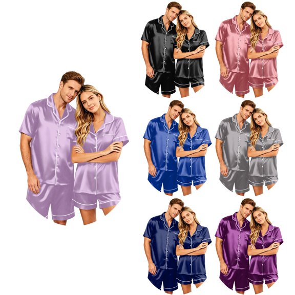 OIOLOYJM Couple Pajama Sets for Women Slim Fit Daily Wear for Men Silk Satin Short-Sleeve Button Up Classic Fit Pj Sets Two Piece Soft Lounge Loungewear with Pocket Light Purple S