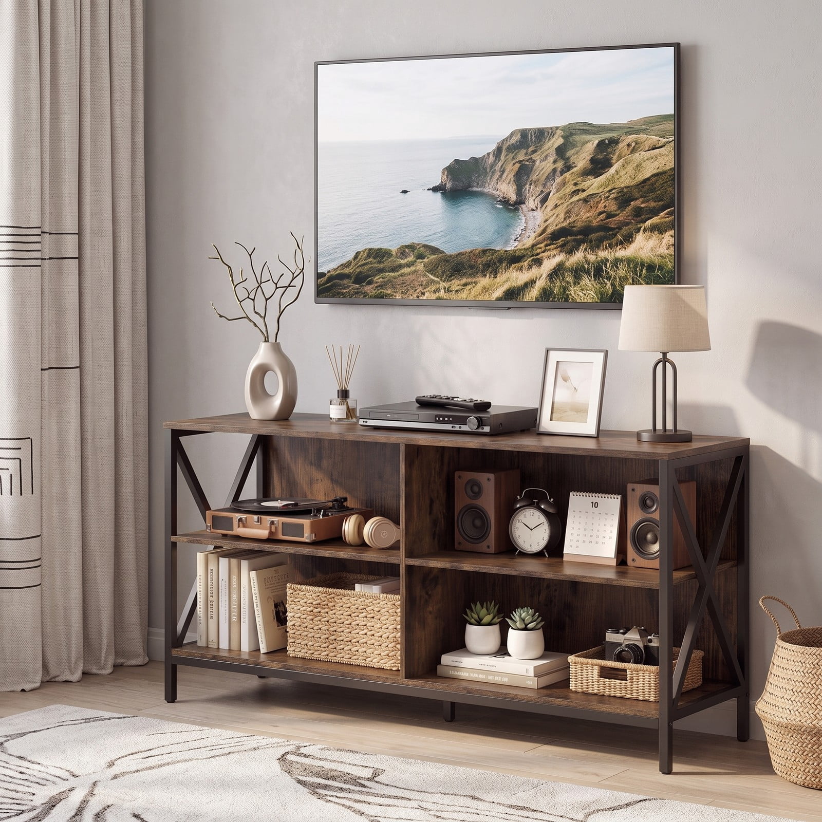 Furnibear Wooden TV Stand Entertainment Center for TVs up to 55 Inch, X-Shaped Metal Frame Media Console with Open Storage Shelves for Living Room, Rustic Brown & Black