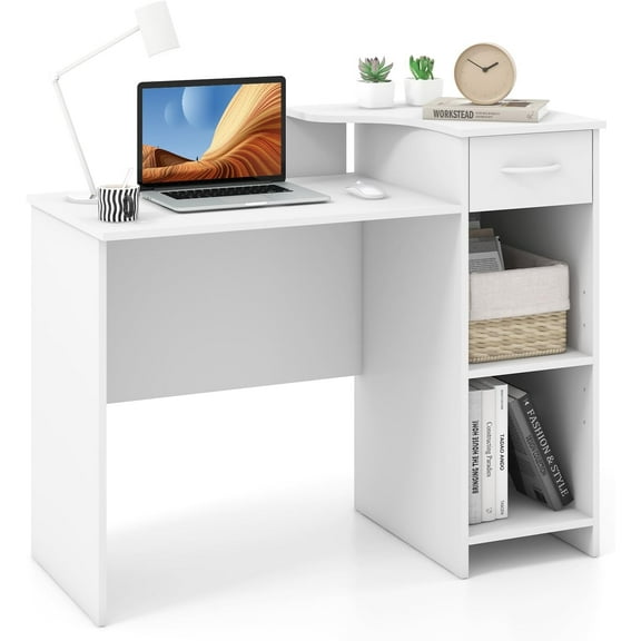 Topbuy Computer Desk with Printer Shelf Modern PC Workstation with Storage Drawer and CPU Stand 40.5” Writing Desk with Cable Hole White