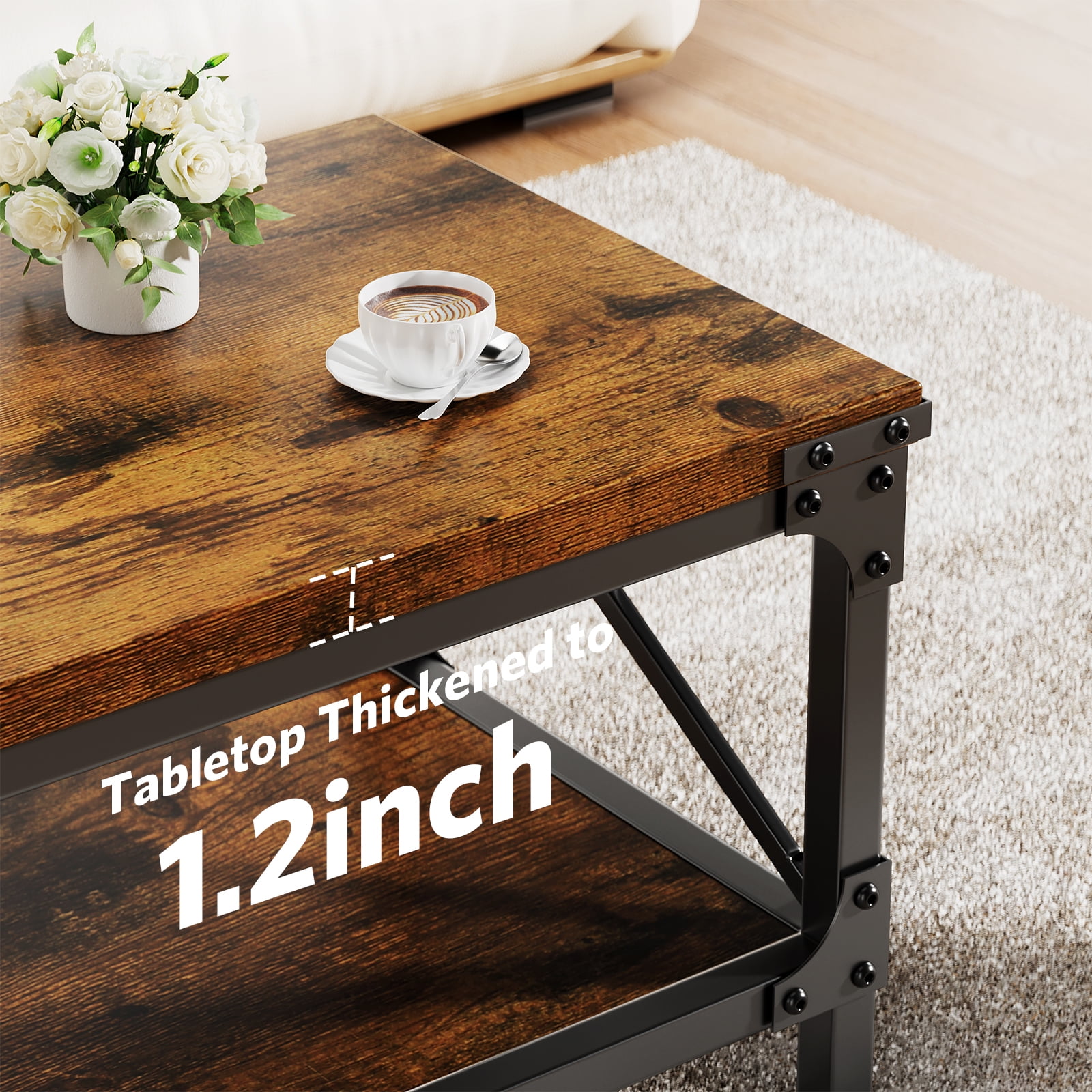 LazySpin Industrial Rectangle Wood Coffee Table for Living Room, Rustic Brown