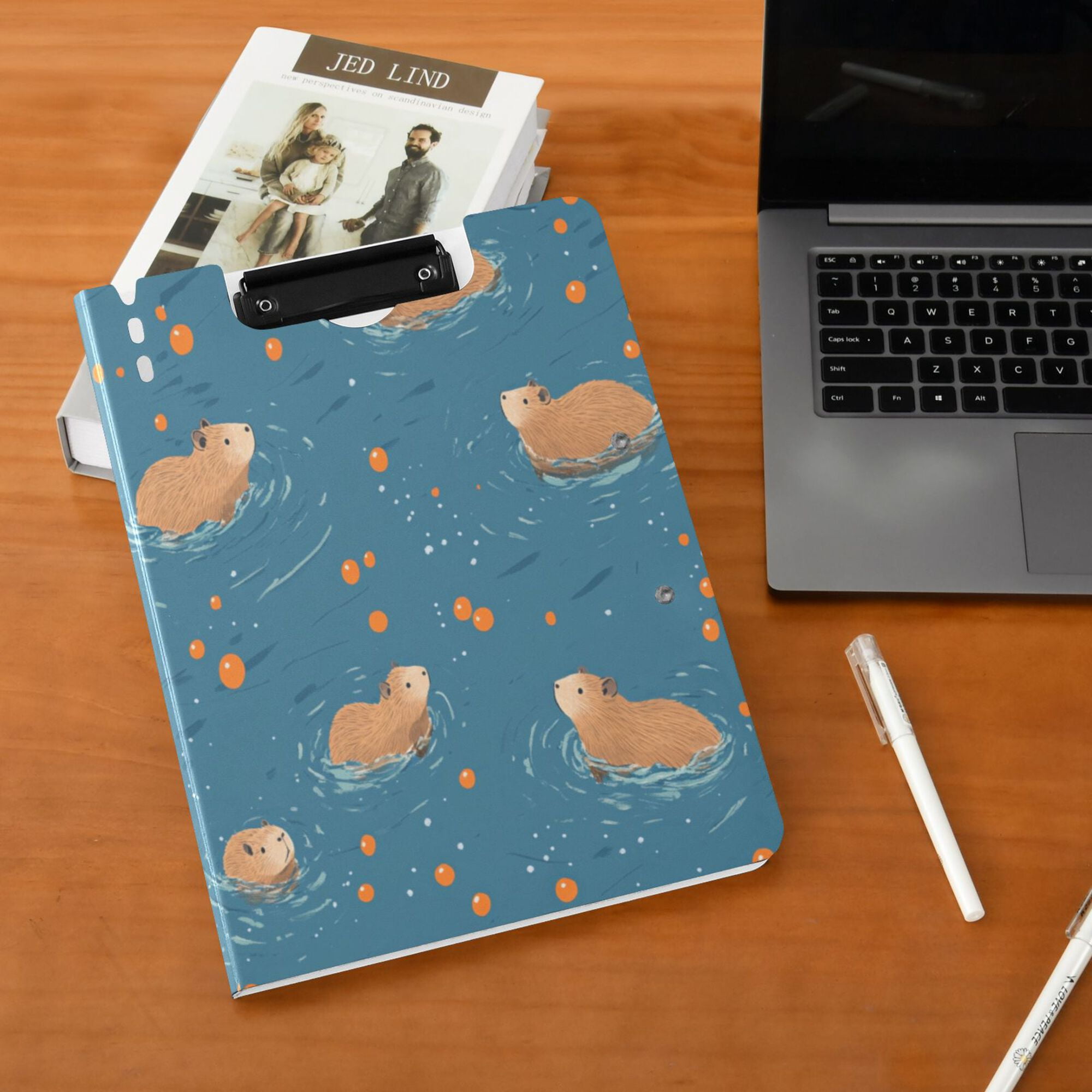 FORMRS A4 Clipboard Folder with Pen Holder Horizontal Foldable School Office Binder, Capybaras Swimming
