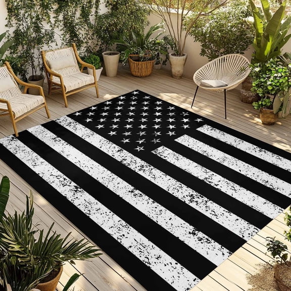 Black American Flag Outdoor Rug 3x5 Ft - Reversible Patio Rug Outdoor Camping Rugs, Vintage USA Flag Washable Indoor Outdoor Area Rugs, Non-Slip Outdoor Carpet Runner for Deck/Porch