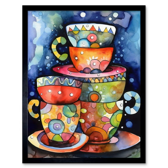 Kitchen Folk Art Mugs And Cups Art Print Framed Poster Wall Decor 12x16 inch
