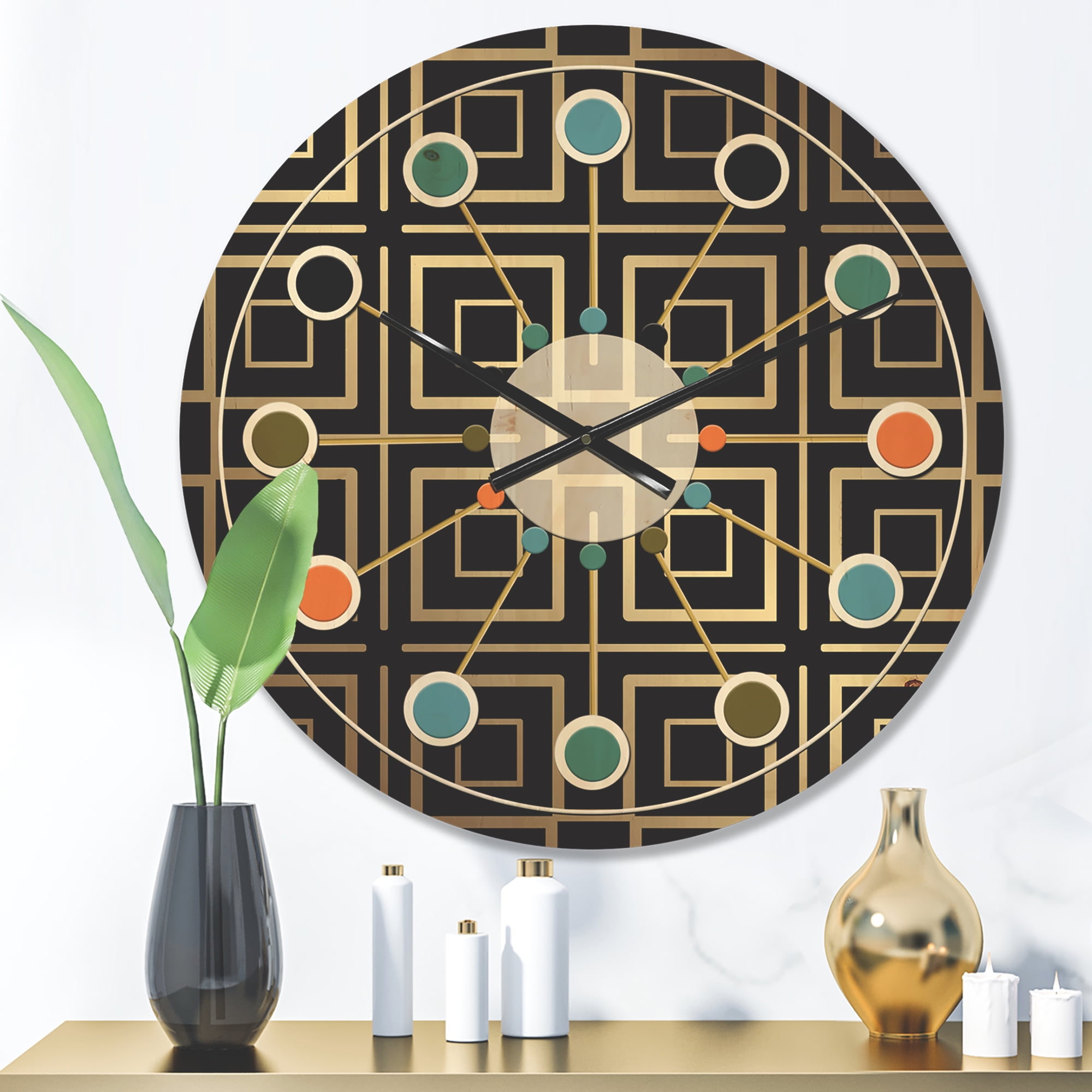 Designart 'Metallic Golden Luxury Geometrics XII XII' Mid-Century Modern Wood Wall Clock