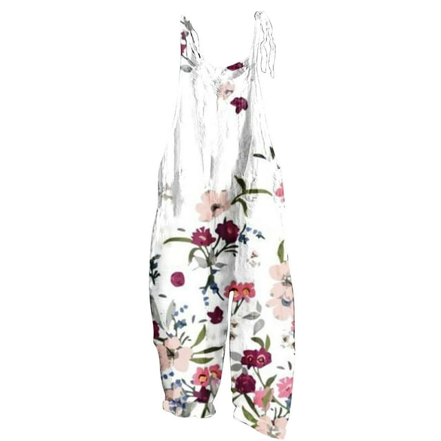 QATAINLAV Combinaison pour Femmes Décontractée en Lin à Jambes Larges Salopettes à Imprimé Floral Combishorts avec Poches 2025 Été Ample Sans Manches Combinaisons Bretelles Ajustables Combinaison, Rose, TG