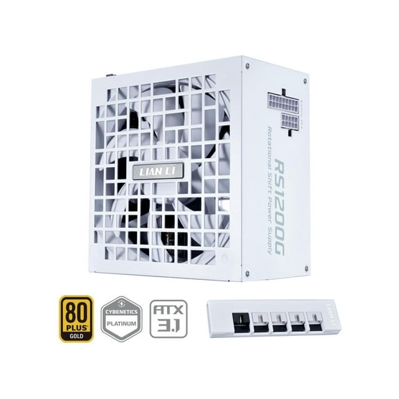 Lian Li RS 1200W Rotational Shift Fully Modular ATX Power Supply (W/ USB Fan Hub) 90° AC Inlet, Cybenetics Platinum, 80  Gold, ATX 3.1, PCIe 5.1, 12V-2×6 Cable, 10 Year Warranty, White (RS1200G.WH)