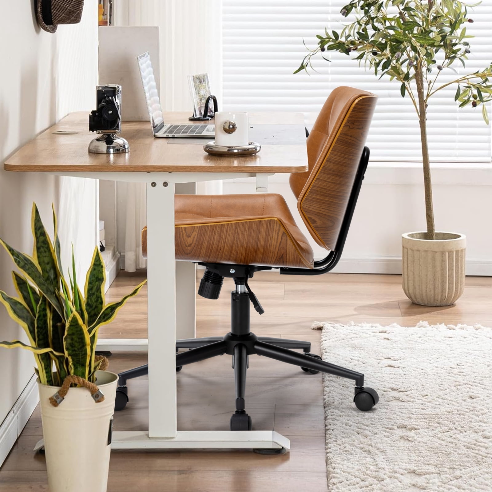 X Xishe Home Office Desk Chair with Wheels, Adjustable Height Armless Office Chair, PU Leather Mid Back 360° Small Computer Chair, Modern Chair No Arms for Office, Reading Meeting Room, Camel