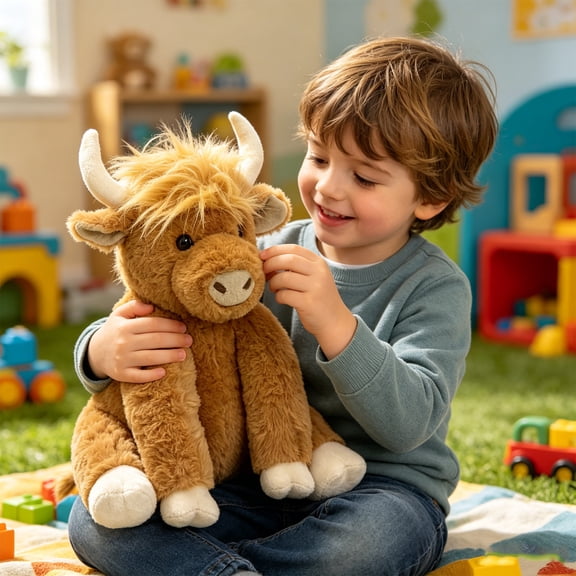 MMJ Stuffed Animals Scottish Highland Cow Plush Toy Articulated Joints Sound Long Hair Realistic Farm Figure 9.84x7.87in