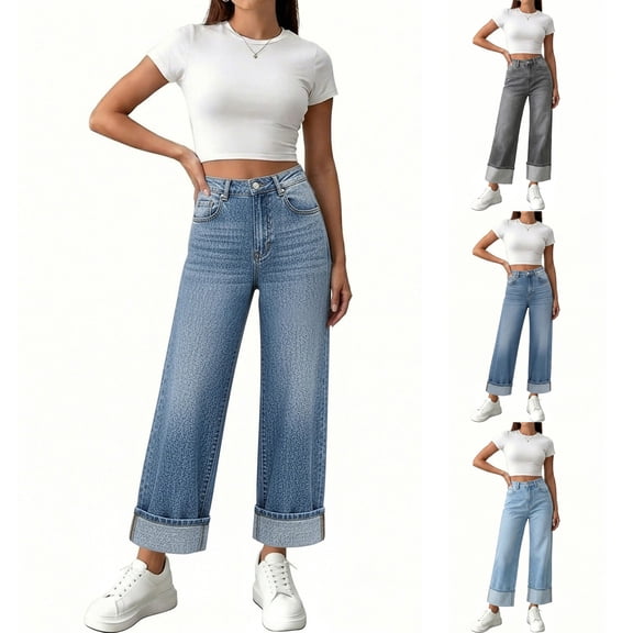 Zxlsdmn Women's Wide Leg Jeans High Waisted Straight Denim Pants Trendy Boyfriend Cuffed Jeans with Pockets Light Blue S