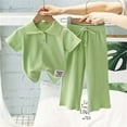 thumbnail image 2 of Ruyang Kids Girls Knit 2 Piece Set Short Sleeve Button Down Shirt + Drawstring Pants Toddler Cotton Loungewear Ribbed Knit Set, 2 of 9