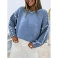 thumbnail image 5 of Females Oversized Sweaters Contrast Stitching Crewneck Sweater Cable Knit Pullover Jumper Pullovers Blue L, 5 of 7