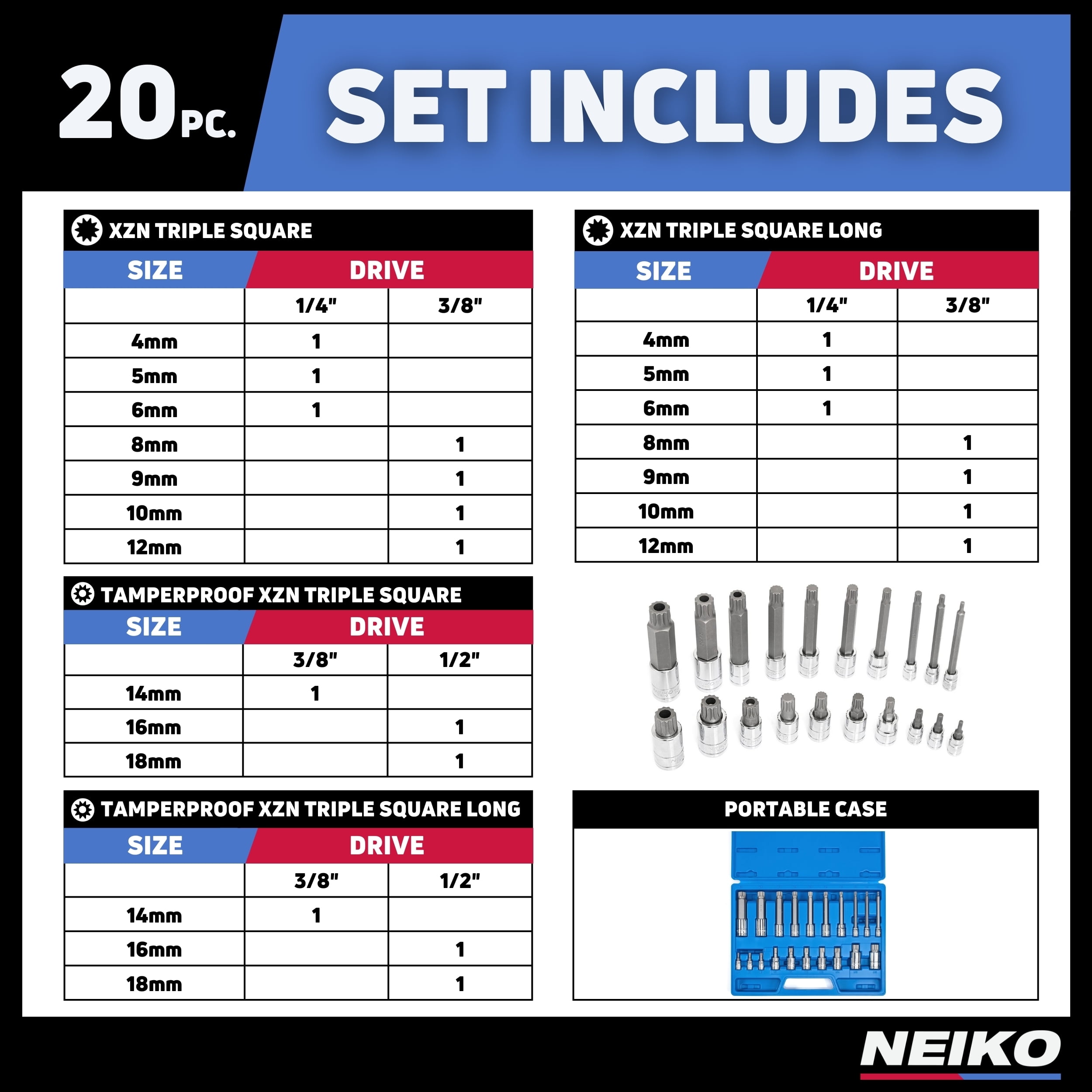 NEIKO 10057A XZN Triple Square Bit Set, 20-Piece Set, Spline Socket Set, Extra Long 4” Triple Square Socket Set, 4mm to 18mm, 12 Point Socket Set Tamperproof, Square Drive Socket Bit, S2 & Cr-V Steel