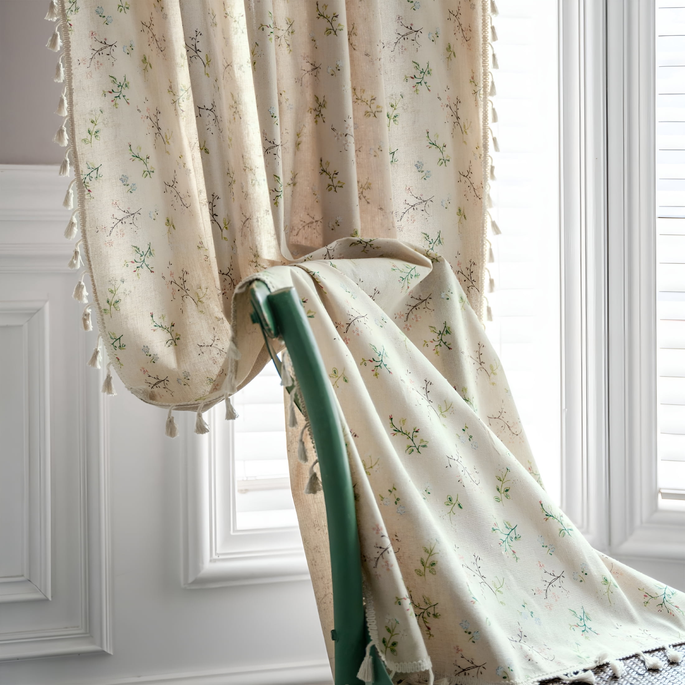 AUQ Farmhouse Boho Floral Linen Semi-Blackout Curtains - 84 Inches,Beige,For Bedroom,Living Room,And Home Decor Curtains for Living Room