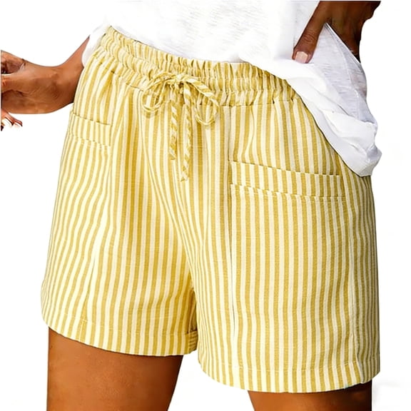 Textilo Womens Striped Shorts Cotton Linen Drawstring Short Pants Elastic Waist Wide Leg Pants with Pockets Loose Fit Comfy Lounge Vacation Summer Clothing,Yellow S