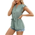thumbnail image 2 of AXXD Women's Fashion Hoodies & Sweatshirts Green Basic 2024 Trendy Summer V Neck Leisure Short Sleeve Solid Tops, 2 of 5