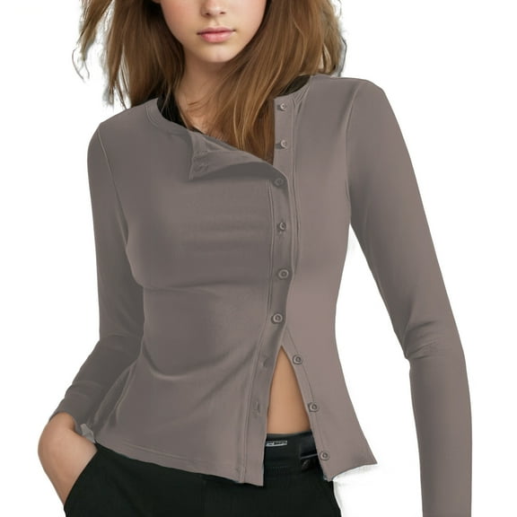 OSOLU Solid Color Women Button Down Ribbed Tops Long Sleeve Going Out Fitted Shirt Leisure Dailywear