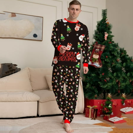

Blueek Parent-Child Warm Christmas Set Printed Home Wear Pajamas Two-Piece Dad Set
