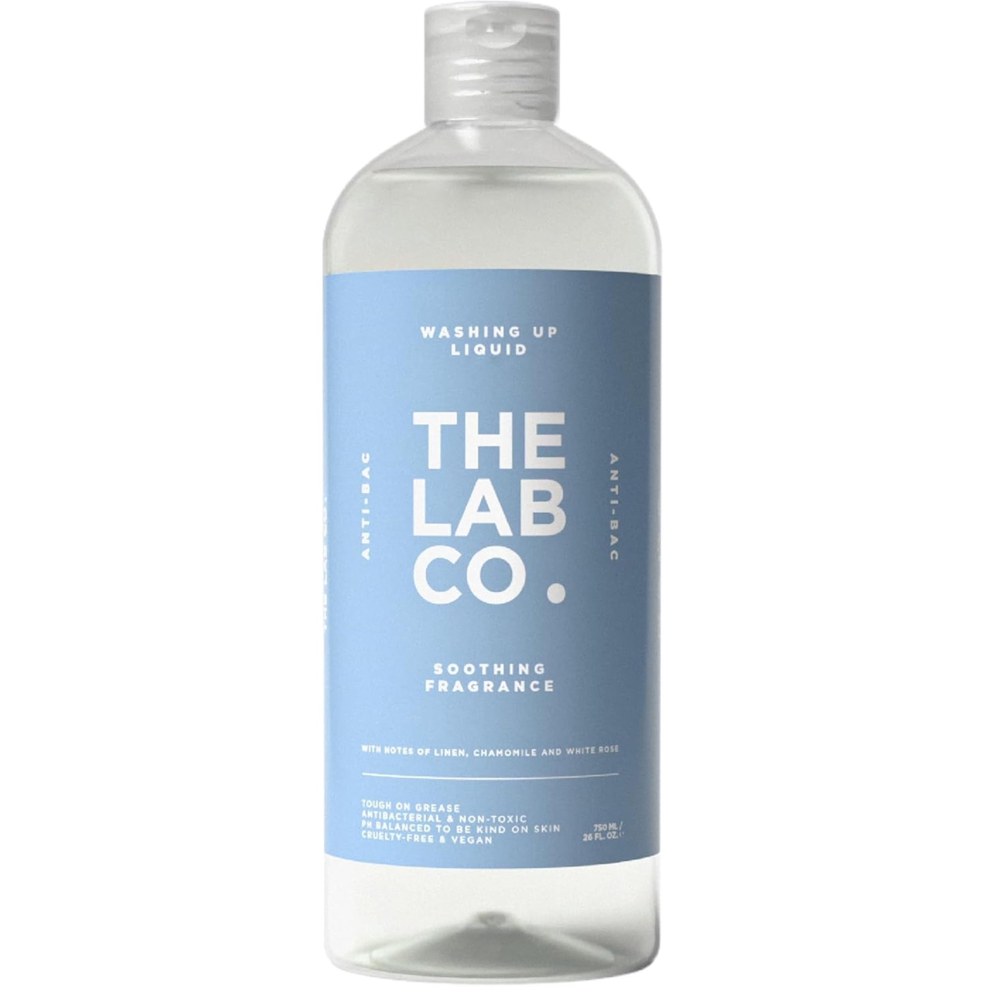 The Lab Co. Antibacterial Washing Up Dishwashing Liquid | Tough on Grease Dish Soap | Gentle on Hands | Plant-Based Formula | 750ml | Soothing Scent Linen Chamomile White Rose