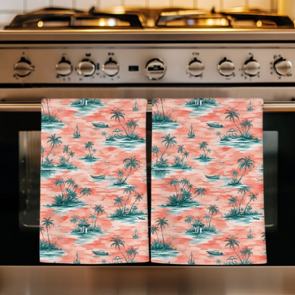 Palm Trees Kitchen Towels Set of 2, Summer Island Ocean Waves Pattern Rustic Absorbent Dish Towels for Kitchen, Microfiber Hand Towel, Quick Drying Tea Towel for Cleaning Decorative Dishcloths