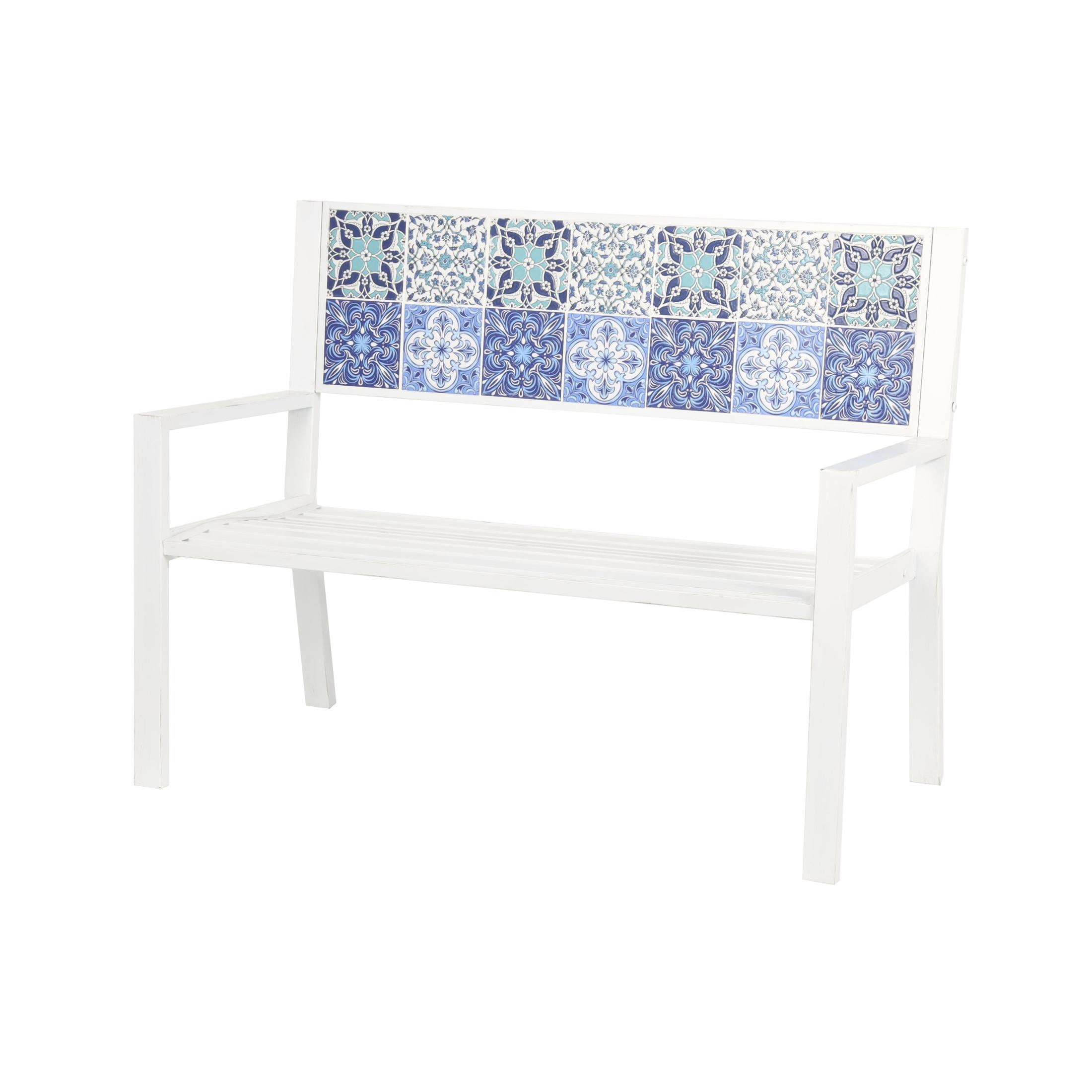 DecMode Metal Floral Scroll Mosaic Outdoor Bench with Blue and Teal Patterns, White