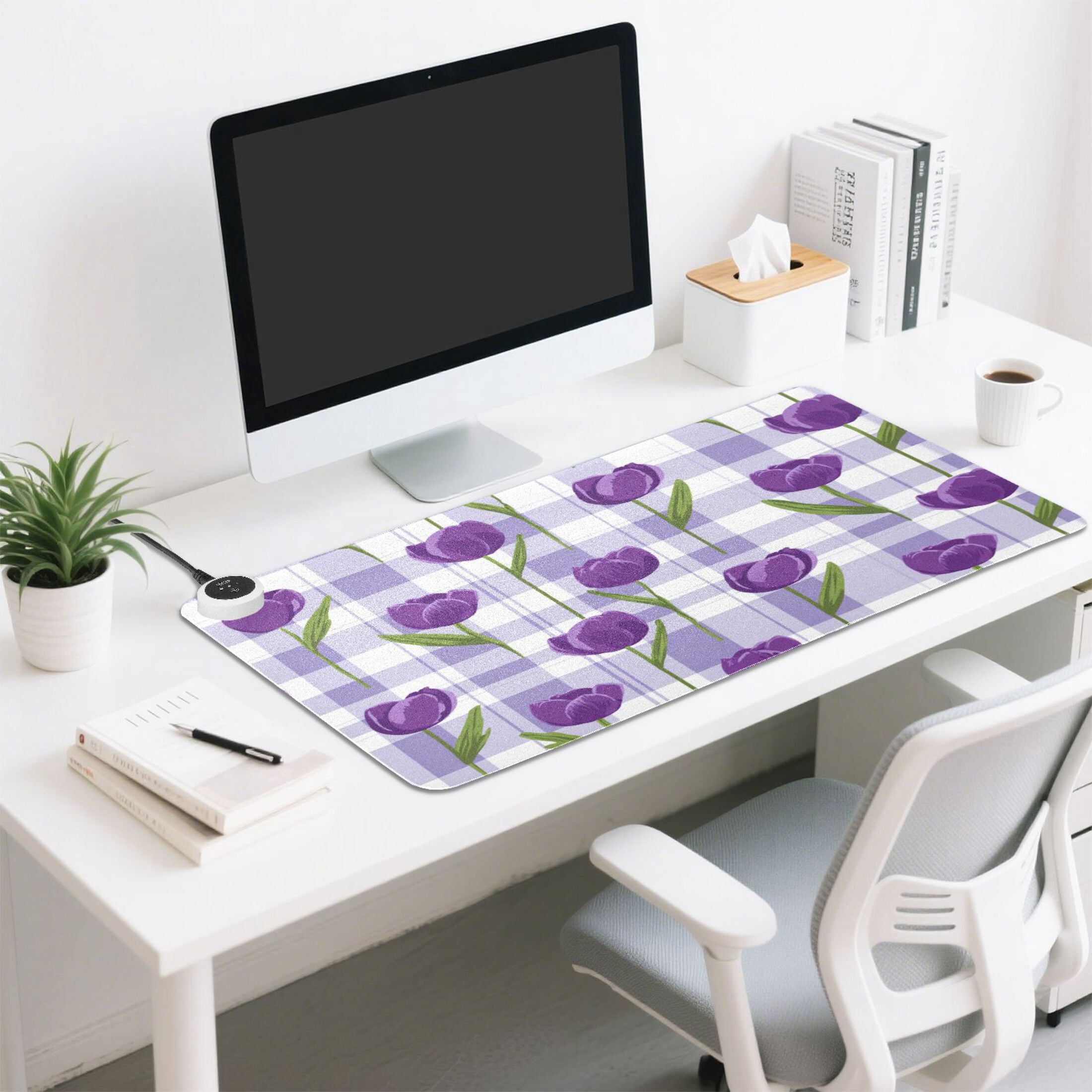 Large Heated Desk Mat Mouse Pad 31.5"x13"PU Leather Graphene Heating Desk Warmer with 3 Temperature Settings 110V US Plug Non-Slip Warm Pad for Home, Office, and Gaming Cute Cartoon Purple Tulips