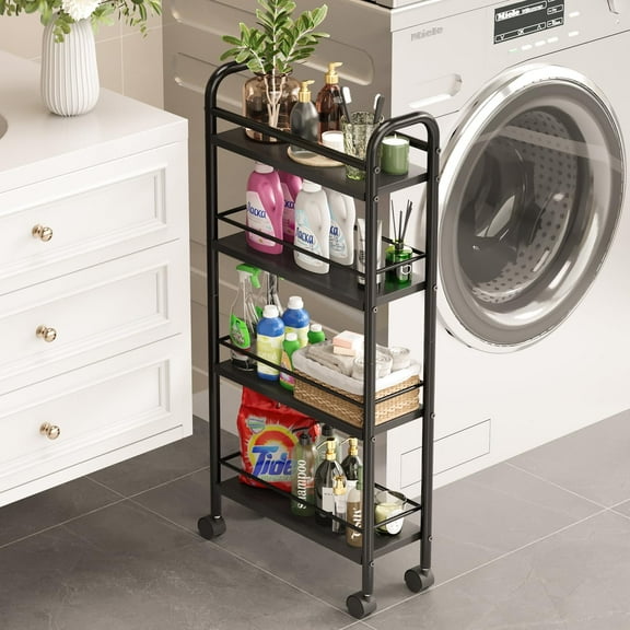 Slim Storage Cart, 4 Tier Small Rolling Bathroom cart Metal and Wood Skinny Utility Cart on Wheels for Narrow Kitchen Laundry Room Black