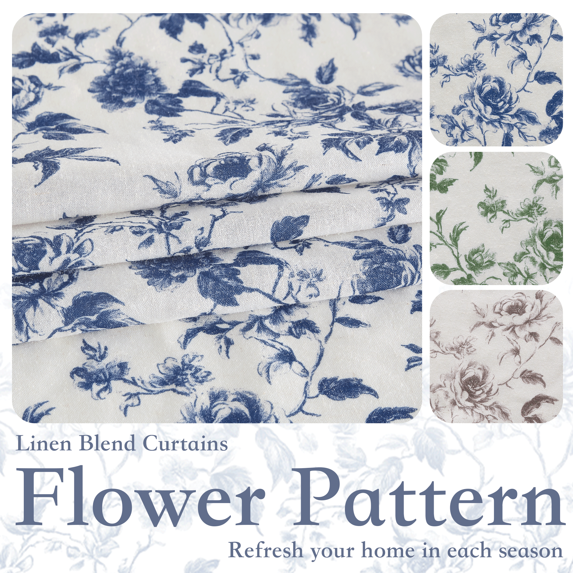 NICETOWN Floral Curtains for Living Room, Semi Sheer Linen Curtains Light Filtering Farmhouse Back Tab Window Drapes, Blue, 52"x84", 2 Panels