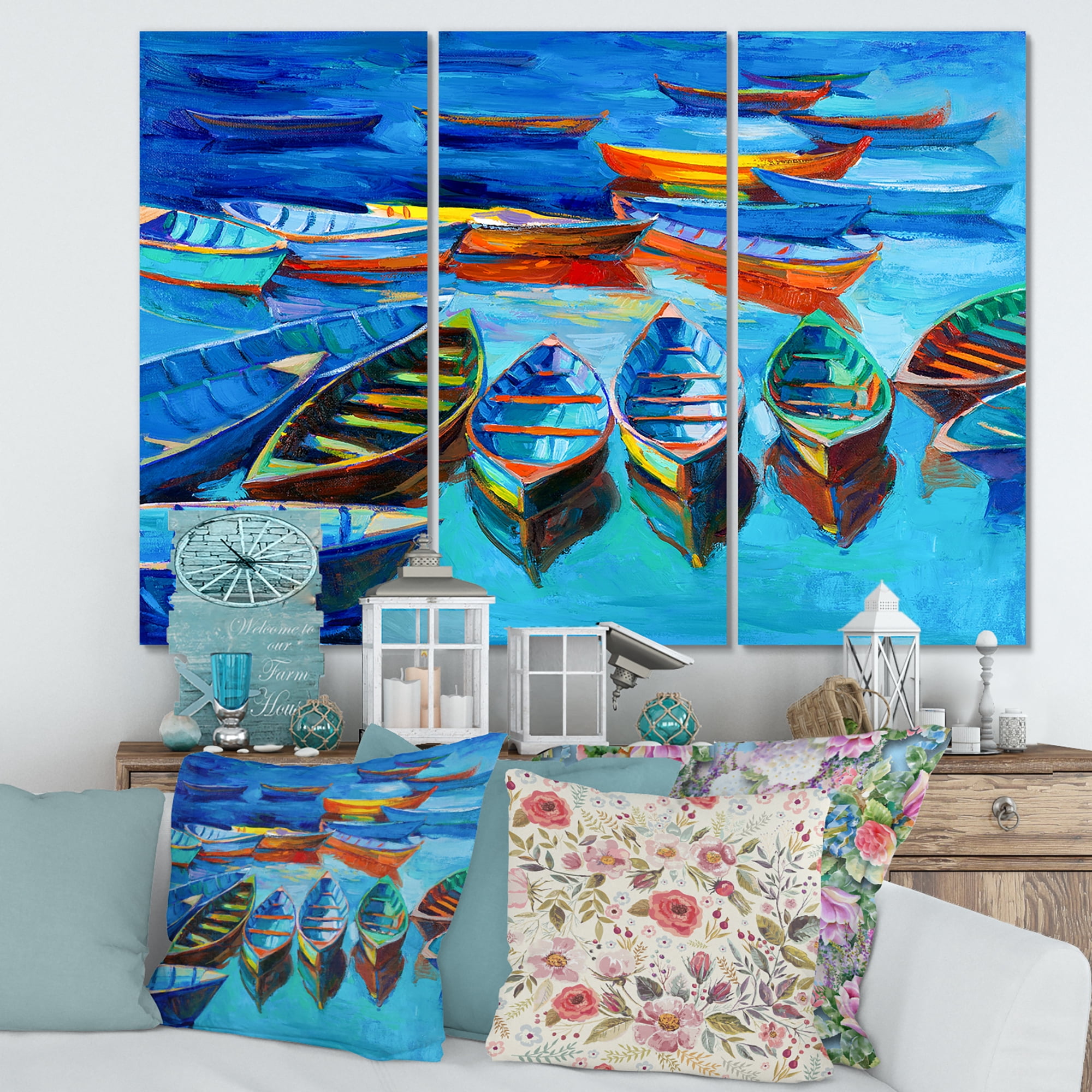 Designart ' Little Boats Wating In The Blue Harbour ' Nautical & Coastal Canvas Wall Art Print