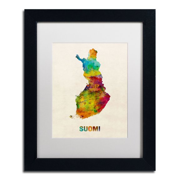 Trademark Fine Art "Finland Watercolor Map (Suomi)" Canvas Art by Michael Tompsett, White Matte, Black Frame