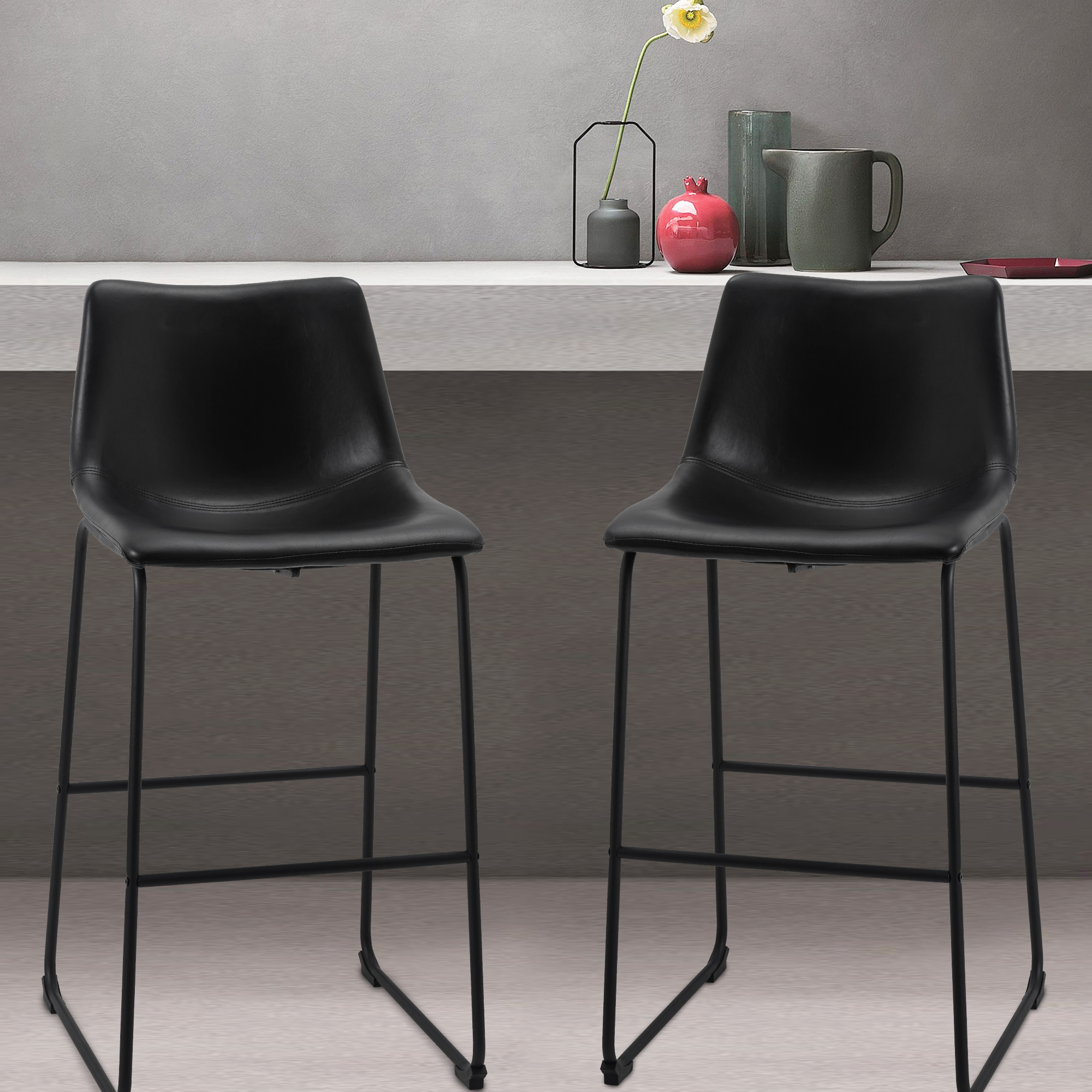Set of 2 Fabric Bar Stools Low Back Counter Height Bar Stool with Leather Pub Chairs Height 39" Black