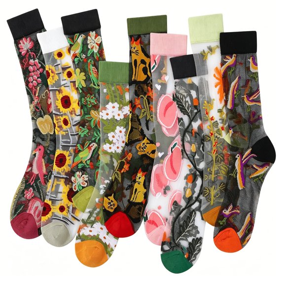 TELOLY Vintage Flower Sheer Socks for Women Ankle Mesh Lace Elastic Jacquard Transparent Socks