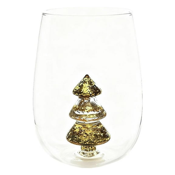 QHUDLV Yuletide Stemless Wine Glass 3D Christmas Tree Inside with Green Glitter Design, Holiday Drinking Cup for Wine, Juice, Milk Unique Christmas Party Barware & Gift for Friends, Lovers, Family