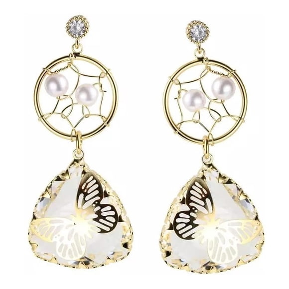 Aretes Cristal Y Perlas Mariposa Oro 14k Laminado dorado Unitalla