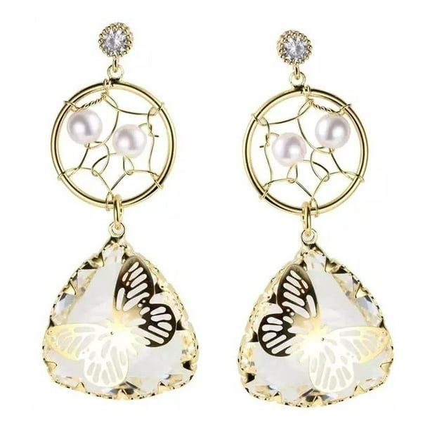 Aretes Cristal Y Perlas Mariposa Oro 14k Laminado dorado Unitalla