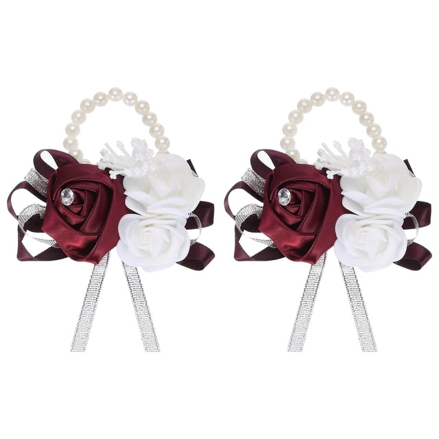 Ramilletes Artificiales Unique Bargains Flores Pulseras Paquete de 2 Color Rojo Vino para Boda Ceremonia Graduación Fiesta Aniversario