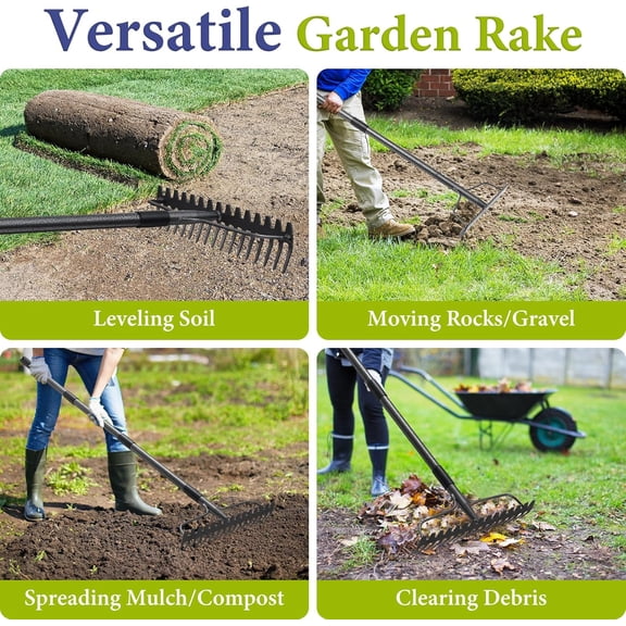 PYYAN-Adjustable Bow Rake Heavy Duty, Dual-Sided Steel Garden Rake Tool for Gathering Leaves, Pine Straw, Thatching, Breaking Up Soil, Leveling Gravel