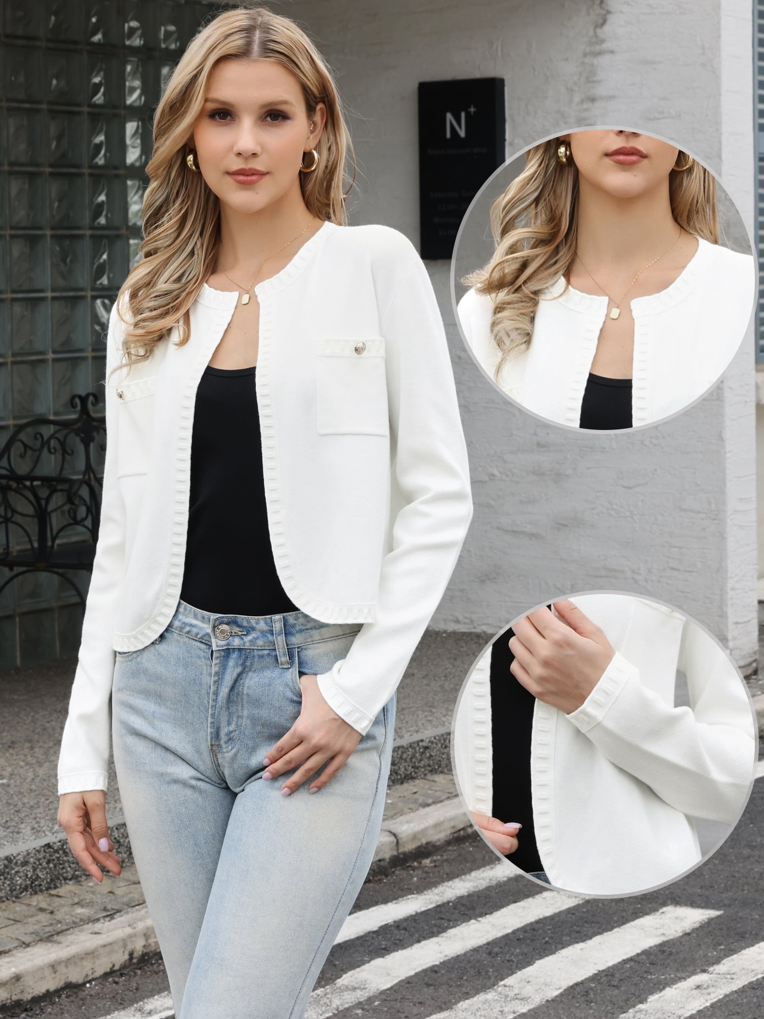 DARING DIVA Women's Knit Long Sleeve Cropped Sweater Cardigan Shrug S White
