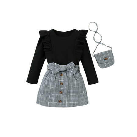 

Ma&Baby Toddler Girls Spring Autumn Outfit Sets Long Sleeve Ruffle Knitted Tops + Plaid Skirt with Belt + Bag